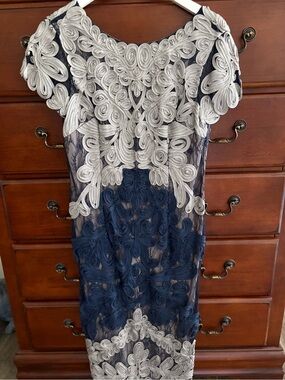 JS Collections Navy and Silver Embroidered Lace Sheath Dress